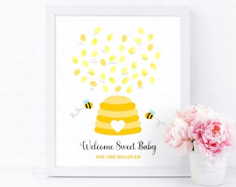 Honey Bee Baby Shower Fingerprint Guestbook Alternative, Editable Beehive Thumbprint Guestbook, Sweet Little Bee Baby Shower Keepsake Gift