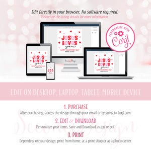 May include: A digital design displayed on a computer, tablet, and phone. The design features the text "Jesus Loves You" in red and pink, with hearts. The image includes instructions for editing and downloading the design, suitable for Valentine's Day.