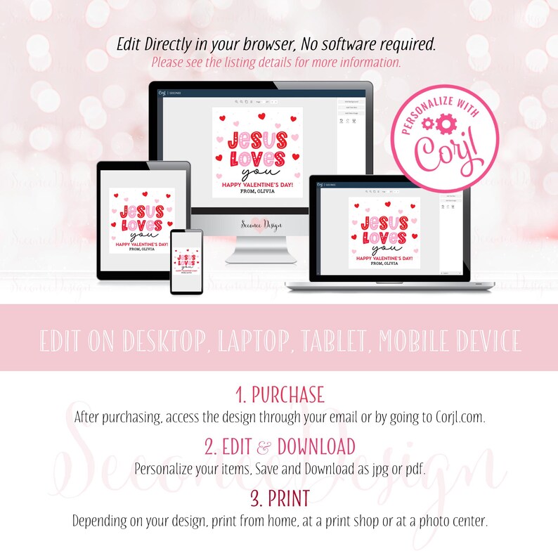 May include: A digital design displayed on a computer, tablet, and phone. The design features the text "Jesus Loves You" in red and pink, with hearts. The image includes instructions for editing and downloading the design, suitable for Valentine's Day.