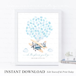 INSTANT DOWNLOAD Editable Airplane Fingerprint Guestbook Sign Alternative, Oh The Places You&#39;ll Go! Airplane Themed Birthday Gift Ideas