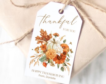 Afdrukbare Thankful For You-cadeaukaartje, Thanksgiving Day-cadeaukaartjes, herfstmand gunsttag, herfsttraktatiezakje cadeaukaartjes bewerkbare labelsjabloon