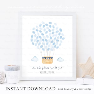Bearbeitbare Marineblau Heißluftballon-Babyparty-Fingerabdruck-Gästebuch Alternative, Baby-Dusche-Fingerabdruck-Gästebuchzeichen, sofortiger Download