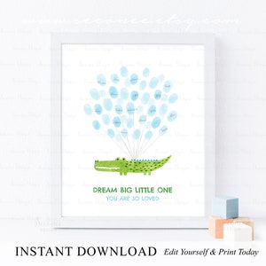 INSTANT DOWNLOAD Editable Blue Crocodile Fingerprint Guestbook Alternative, Alligator Birthday Party Thumbprint Sign Poster Keepsake Gift