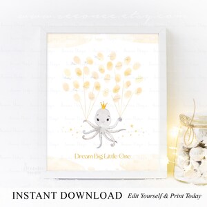 DOWNLOAD INSTANTÂNEO Editável Crown Octopus Thumbprint Guestbook Alternativa, Under the Sea Party Fingerprint Guestbook Sign, Baby Keepsake Gift