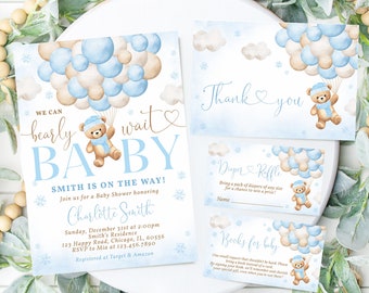 Editable Winter Blue Bear Balloon Baby Shower Invitation Set, Baby Boy We Can Bearly Wait Teddy Bear Balloon Baby Shower Invite Bundle A1B1