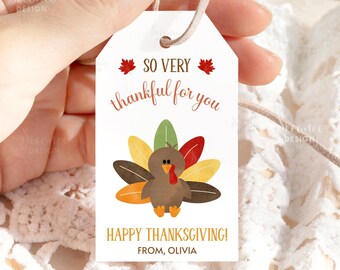 Thanksgiving Gift Tags, Cute Turkey Gift Tag, So Very Thankful For You Tag Printable Fall Bakery Appreciation Tag Editable Template Download