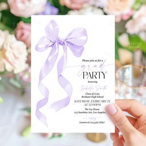 May include: A white graduation party invitation featuring a light purple bow illustration. The invitation text reads "Please join us for a grad party honoring Isabella Smith" with event details, including the date and time.