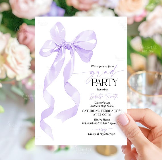 Graduation Party Invitation Purple Bow Graduation Announcement Editable Template Grad Party Invite Lavender Violet Bow Graduate Invite A2L1