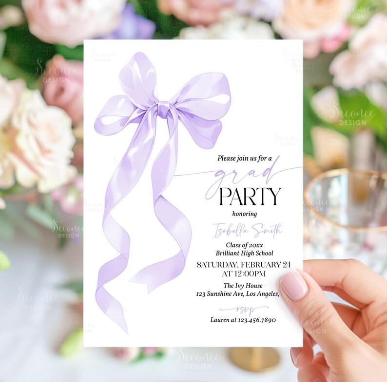 May include: A white graduation party invitation featuring a light purple bow illustration. The invitation text reads "Please join us for a grad party honoring Isabella Smith" with event details, including the date and time.