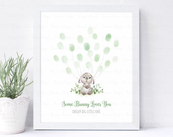 INSTANT DOWNLOAD Editable Greenery Bunny Birthday Fingerprint Guest Book Alternative, Easter Day Rabbit Theme Thumbprint Poster Sign Gift