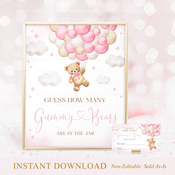 Guess How Many Gummy Bears are in the Jar Sign Printable, We Can Bearly Wait Pink Bear Balloon Baby Shower Game Sign Instant Download A1A3