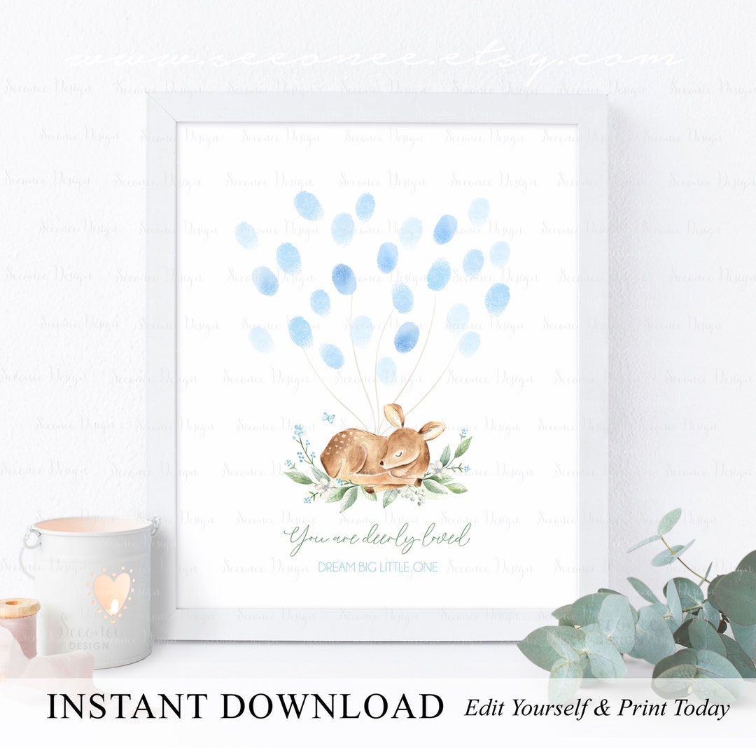 INSTANT DOWNLOAD Editable Blue Greenery Deer Thumbprint Baby Shower ...