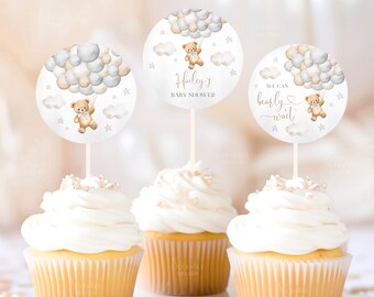 Editable Gender Neutral Bear Balloons Baby Shower Cupcake Topper Decor, Teddy Bear We Can Bearly Wait Baby Shower Cake Topper Printable A1A6