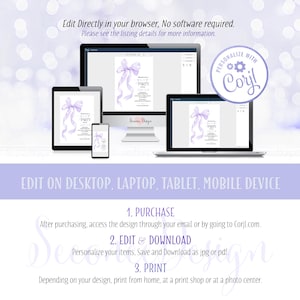 May include: Digital invitation design displayed on multiple devices. The invitation features a light purple bow and the word "PARTY". The text "Edit Directly in your browser" is also visible. The design is editable on desktop, laptop, tablet, and mobile devices.