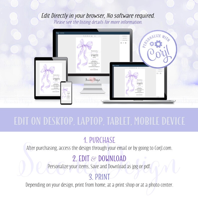 May include: Digital invitation design displayed on multiple devices. The invitation features a light purple bow and the word "PARTY". The text "Edit Directly in your browser" is also visible. The design is editable on desktop, laptop, tablet, and mobile devices.