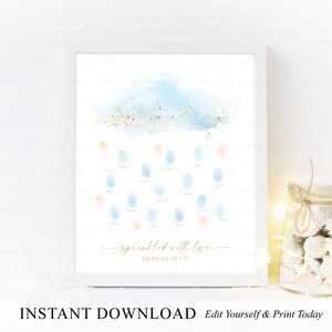 SOFORTIGER DOWNLOAD Bearbeitbare Gold Blaue Wolke Baby Shower Gästebuch Alternative, Regentropfen Fingerabdruck Gästebuch Zeichen, Regen Fingerabdruck Poster