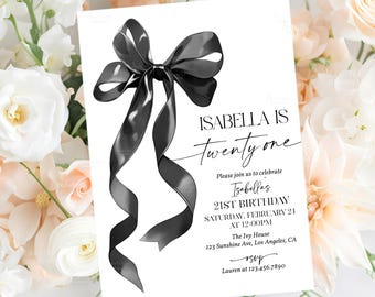 Plantilla editable de invitación para el 21.° cumpleaños con lazo negro. Invitación para fiesta de cumpleaños número 21. Invitación imprimible con lazo de cinta coqueta. Invitación digital A2BK1