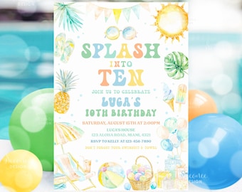 May include: A colorful invitation for a 10th birthday party with a summer theme. The invitation features a beach scene with a beach umbrella, beach ball, and a basket of colorful balls. The text on the invitation reads "Splash into Ten" and "Join us to celebrate Luga's 10th Birthday".