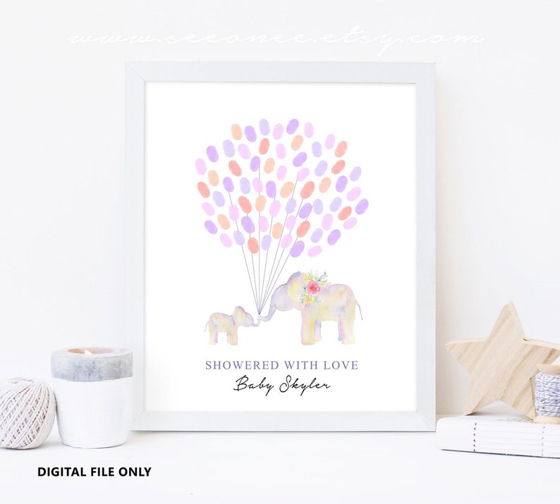 May include: A printable baby shower guest book featuring two watercolor elephants with purple, pink, and orange balloons. The text reads "Showered with Love Baby Skyler".