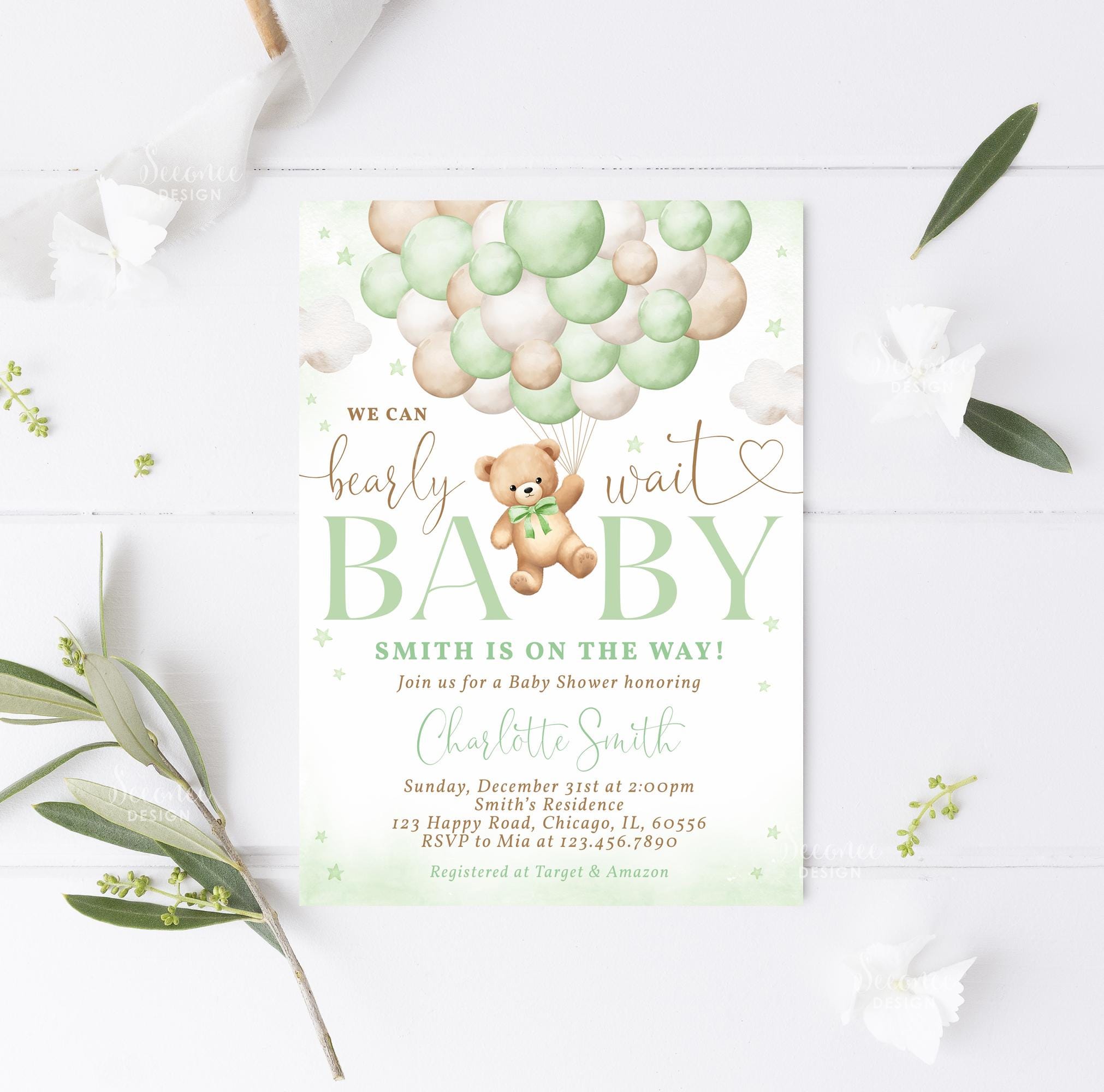 Editable Green Teddy Bear Baby Shower Invitation, We Can Bearly Wait ...