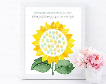 INSTANT DOWNLOAD Editable Sunflower Teacher Appreciation Gift, Sunflower End of Year Gift Printable, Fingerprint Art, Thumbprint Poster Gift