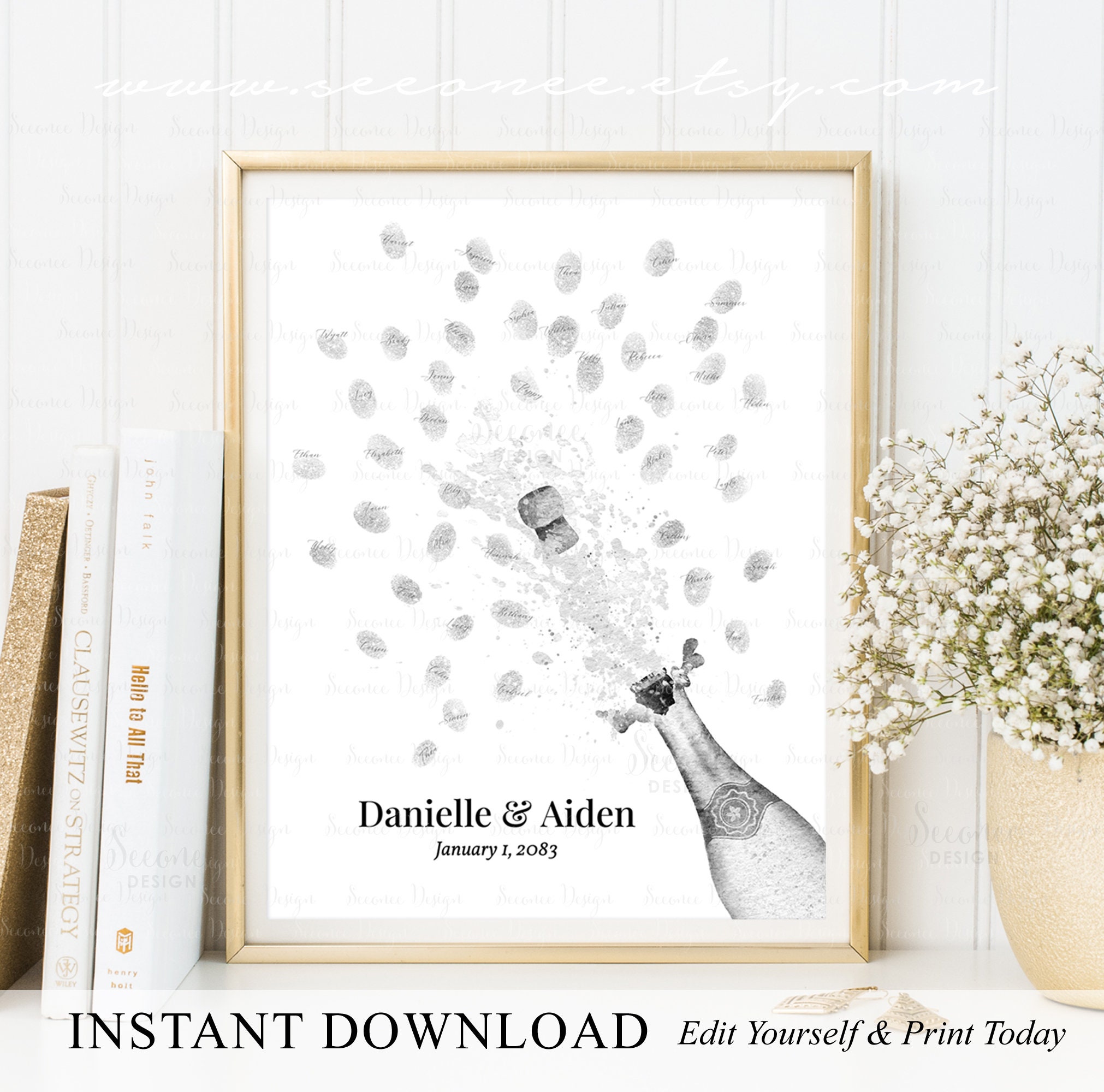 INSTANT DOWNLOAD Editable Silver Champagne Wedding Fingerprint Guestbook Alternative Anniversary Thumbprint Guest Book Sign Engagement Gift