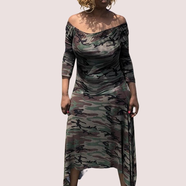 Camouflage Flowy, Off the Shoulder, Mid-Knee, Maxi Green Camo Dress