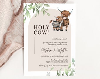 cow baby shower invites, highland cow baby shower, cow baby shower invitation, arch baby shower, greenery baby shower INSTANT DOWNLOAD