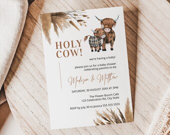 cow baby shower invites, highland cow baby shower, cow baby shower invitation, holy cow, pampas baby shower INSTANT DOWNLOAD