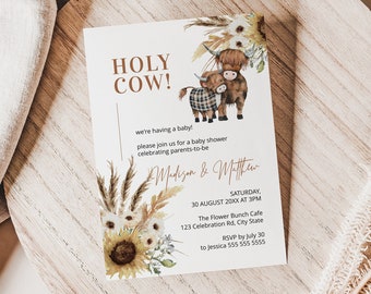 cow baby shower invites, highland cow baby shower, cow baby shower invitation, holy cow, sunflower baby shower INSTANT DOWNLOAD