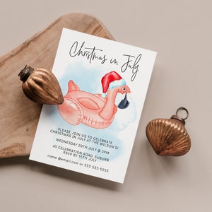 Christmas in July Flamingo Summer Pool Party Digital Invitation - editable template - use as a digital invite, phone evite or print at home