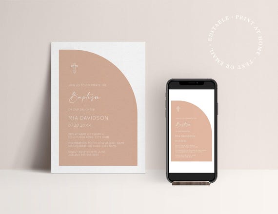 Baptism invitation girl minimalist blush pink INSTANT DOWNLOAD