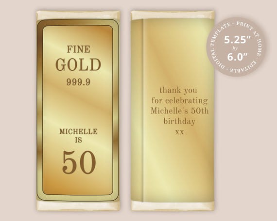 Gold Bar Novelty 50th Birthday Chocolate Wrapper Label EDITABLE PRINTABLE to fit 1.55oz Bar