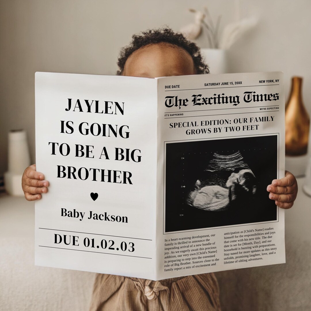 Big Brother Pregnancy Announcement Template - Newspaper Baby Reveal - Editable Digital Canva Layout - Promoted to Brother