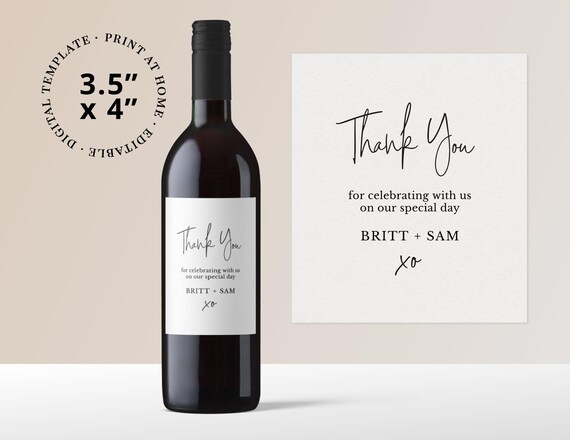 Wedding Thank You Wine Label Sticker Editable Template PRINTABLE - script font design