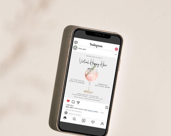 May include: A smartphone screen displaying an Instagram post for a virtual happy hour. The post features a watercolor illustration of a pink cocktail with a sprig of greenery. The text reads "Please join us for a Virtual Happy Hour. Let's be social from a distance! Wednesday, 20th April, 8 PM.  RSVP now and set up your own private party room. Join via this link: [link]."