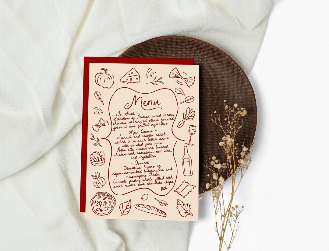 Hand Drawn Italian Style Event Menu - Perfect for Weddings, Engagements & Birthdays