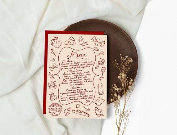Hand Drawn Italian Style Event Menu - Perfect for Weddings, Engagements & Birthdays