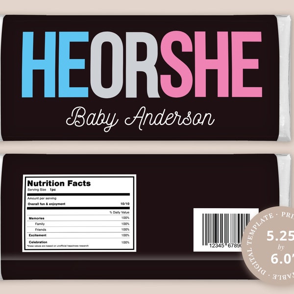 Personalized Baby Name He or She Gender Reveal Candy Bar Wrapper, Baby Announcement Printable Template to fit 1.55oz Bar