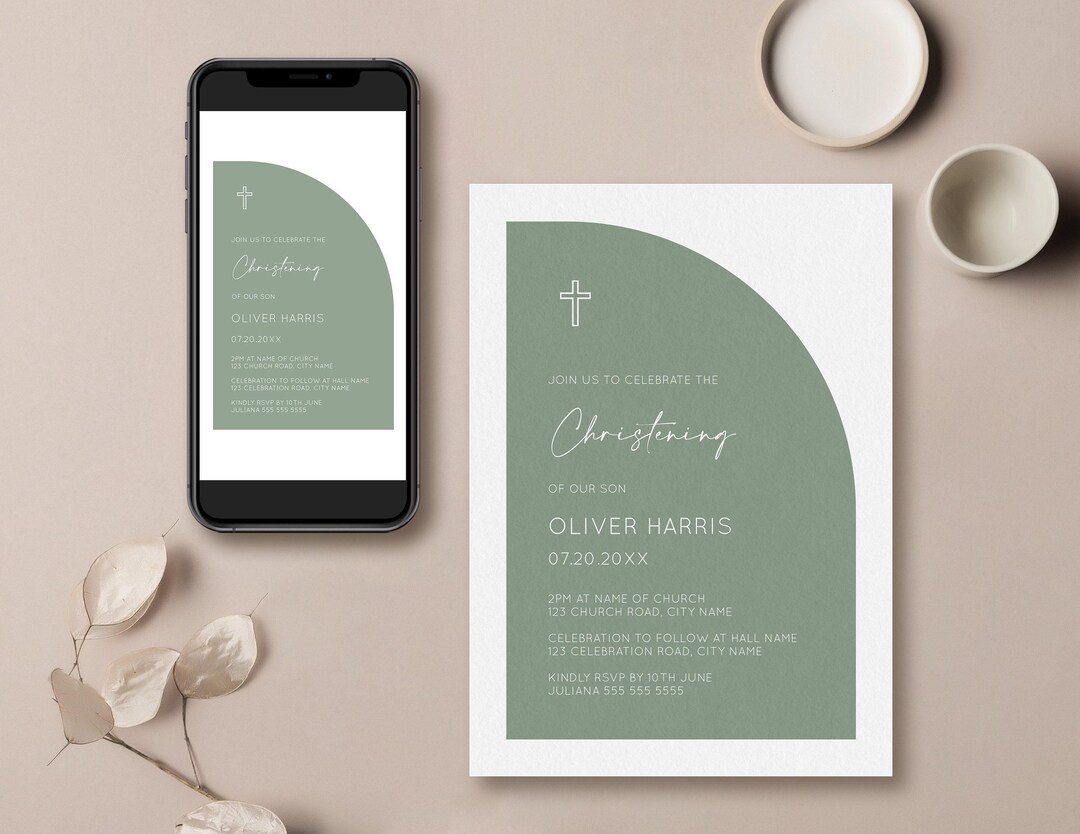 Minimalist Sage Green Half Arch Christening Editable Invitation Template