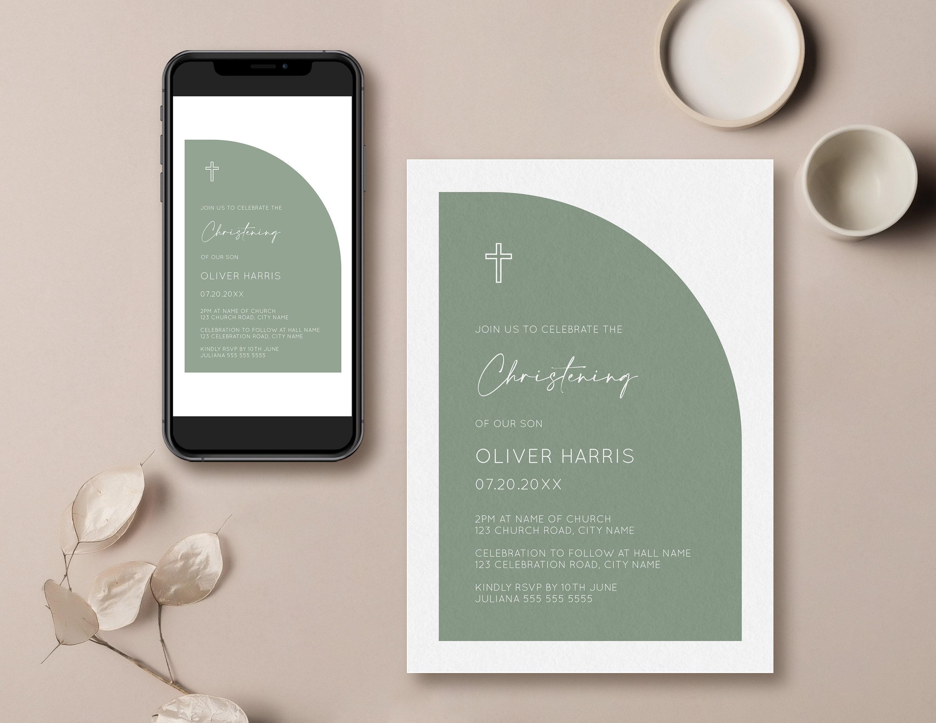 Minimalist Sage Green Half Arch Christening Editable Invitation Template