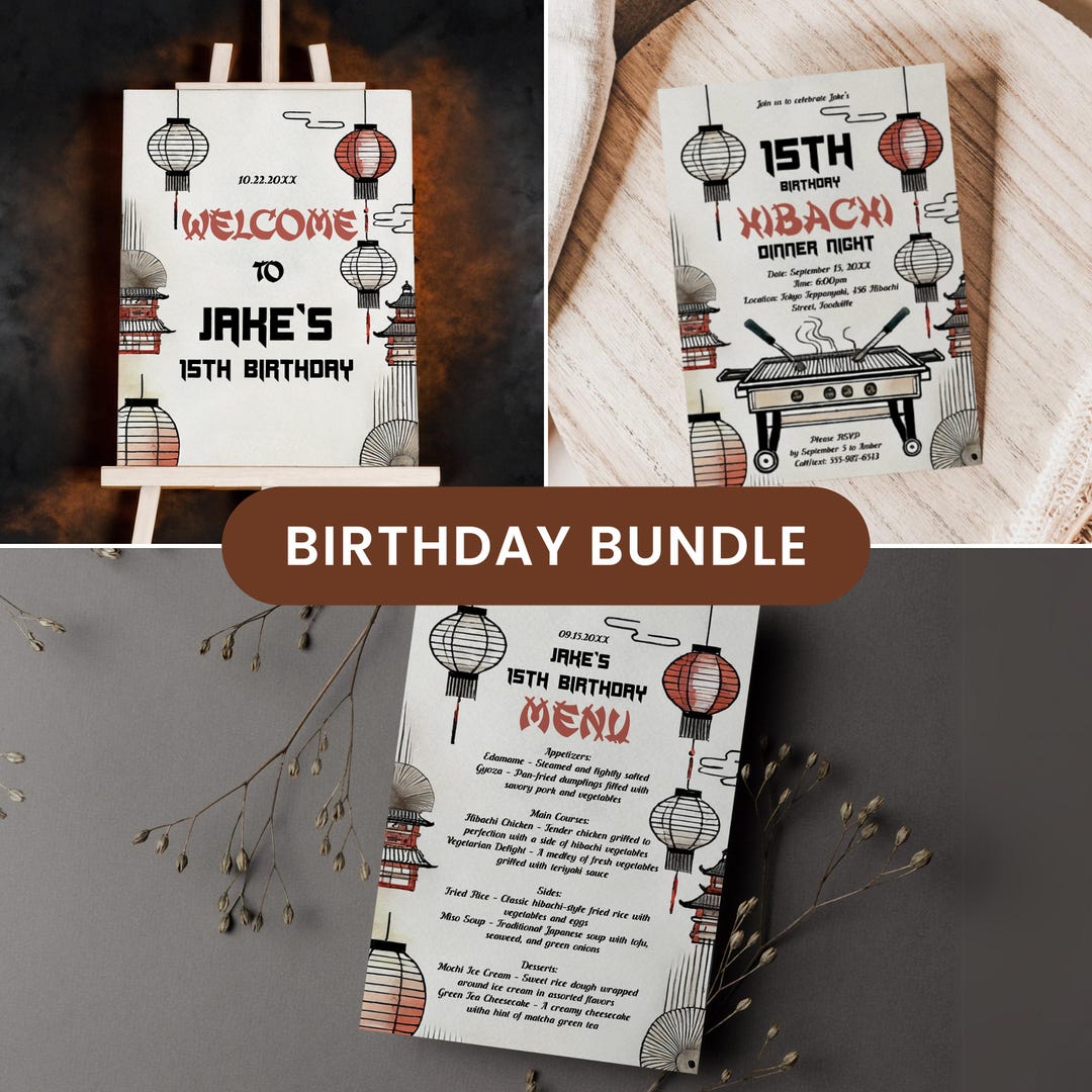 Hibachi Dinner Menu Template, Hibachi Invitation Digital Templates Bundle: Editable Invitation, Menu and Welcome Sign for Parties and Events