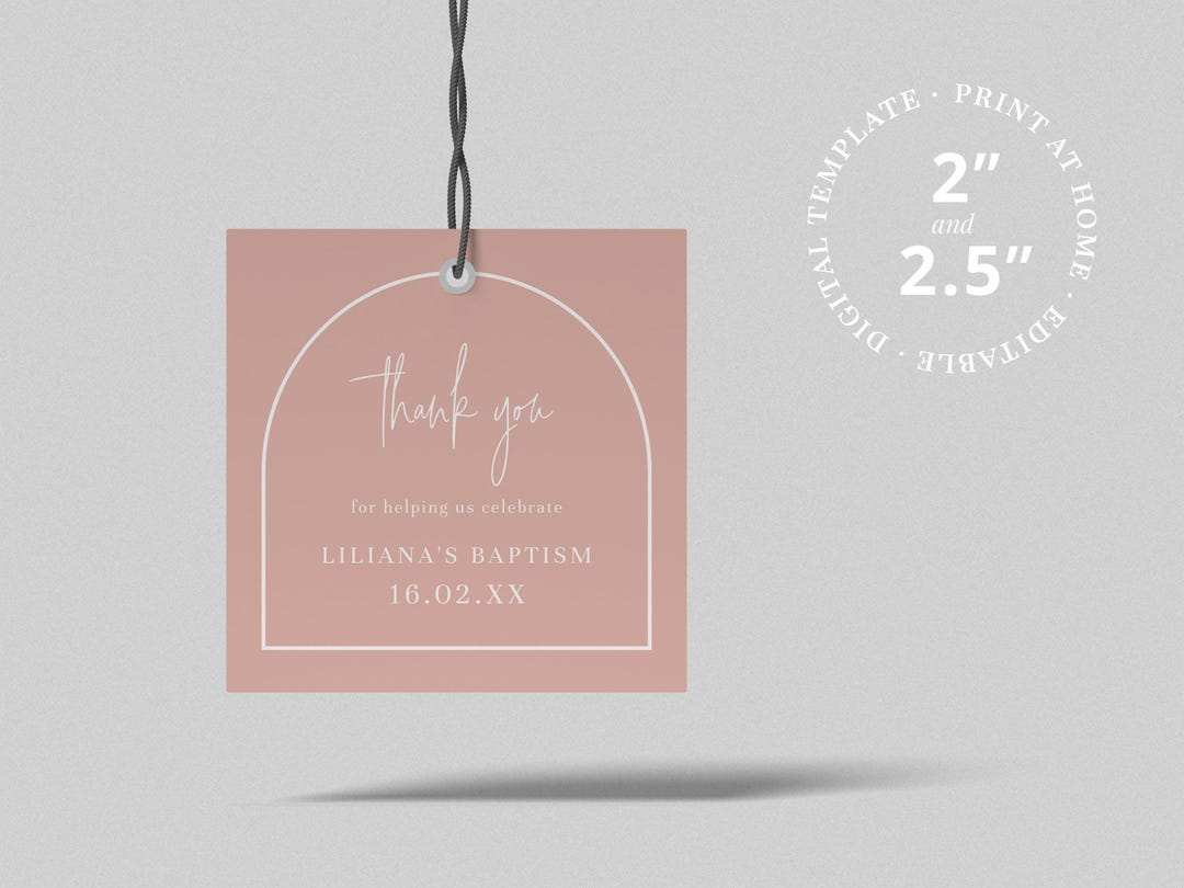 Printable Cookie Tag for Baptism Favors – Blush Pink Modern Arch Design