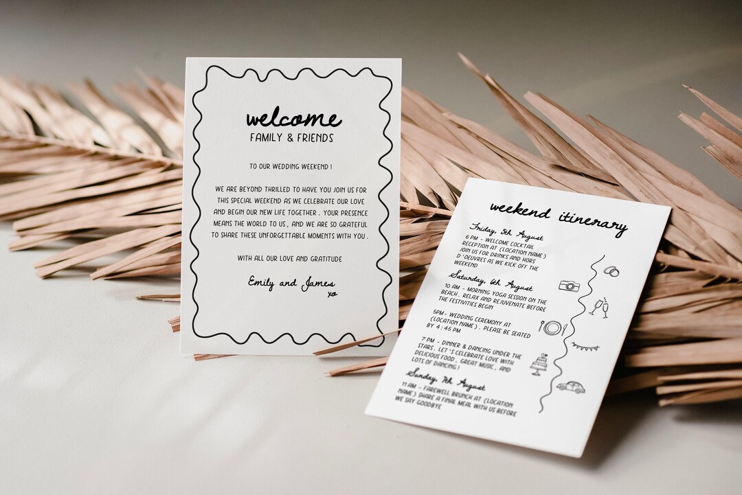 Wedding Welcome Letter And Timeline, hand drawn wedding welcome bag note, hand drawn wedding timeline, wedding hotel bag insert template,