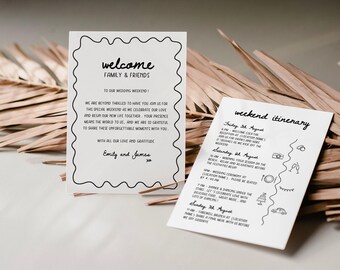 Wedding Welcome Letter And Timeline, hand drawn wedding welcome bag note, hand drawn wedding timeline, wedding hotel bag insert template,