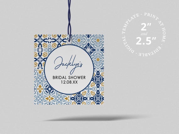 Italian summer bridal shower blue and yellow tile design - favor tag template