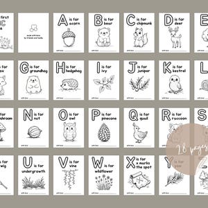 May include: A black and white alphabet book for babies with illustrations of animals and objects. Each page features a letter of the alphabet, the word for the image, and the phrase "is for". The book has 28 pages.