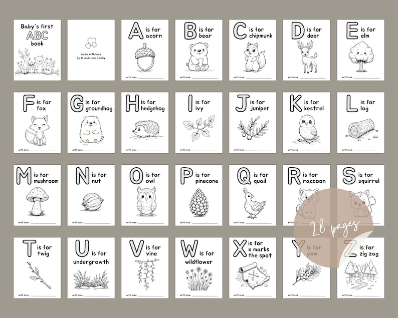May include: A black and white alphabet book for babies with illustrations of animals and objects. Each page features a letter of the alphabet, the word for the image, and the phrase "is for". The book has 28 pages.