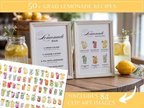 Graduation Party Lemonade Bar, Lemonade Bar Recipe Bundle, Printable Grad Drink Decor, Lemonade Stand Sign, Grad Drink Station
