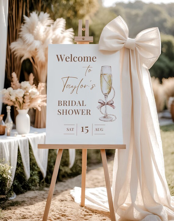 Pearls And Prosecco Welcome Sign, Bridal Shower Welcome Sign Pearls And Prosecco, bridal shower welcome sign template pink | BRSHPPRLS01